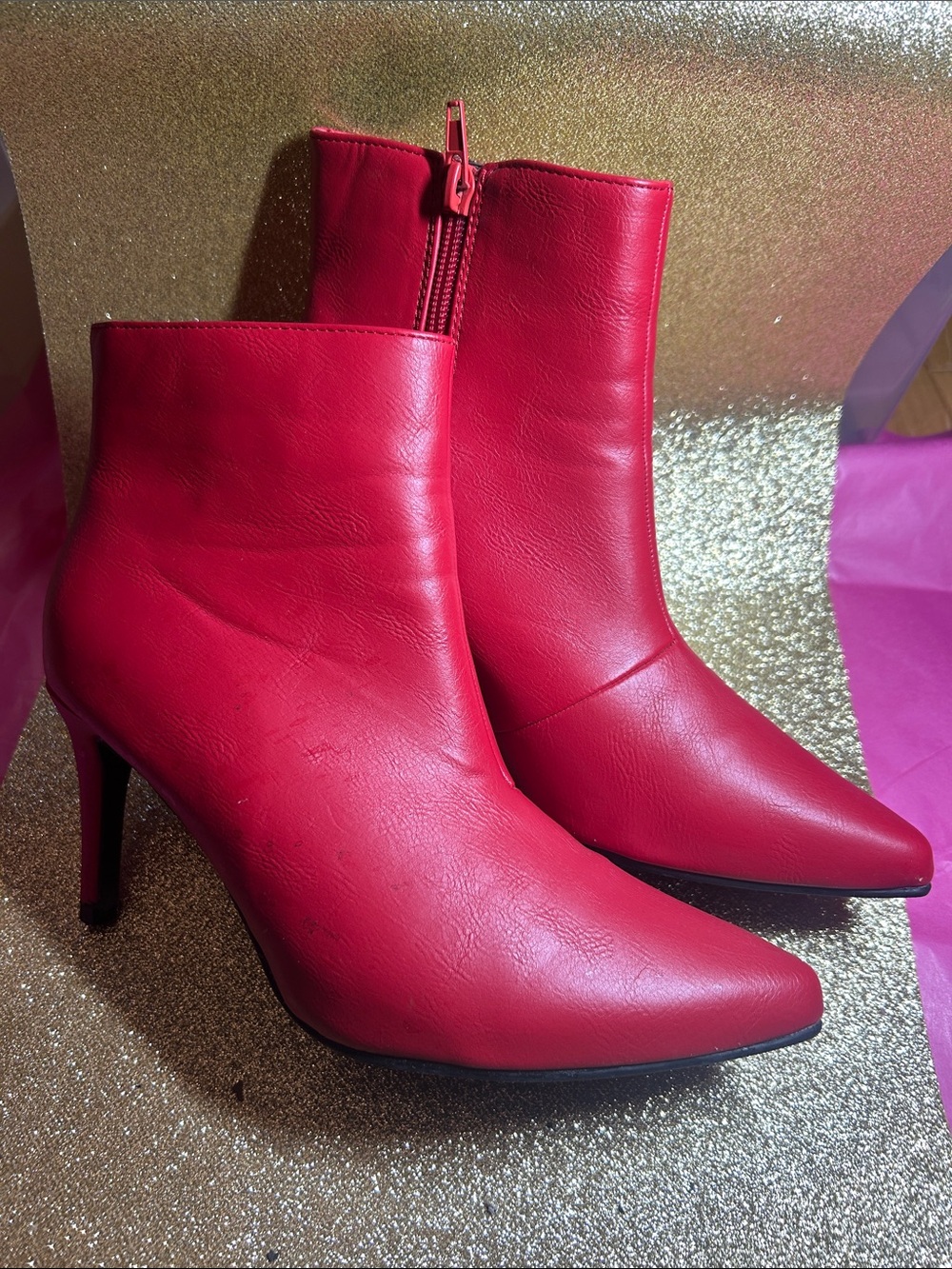 Red Pointed-Toe Stiletto Ankle Boots - Women